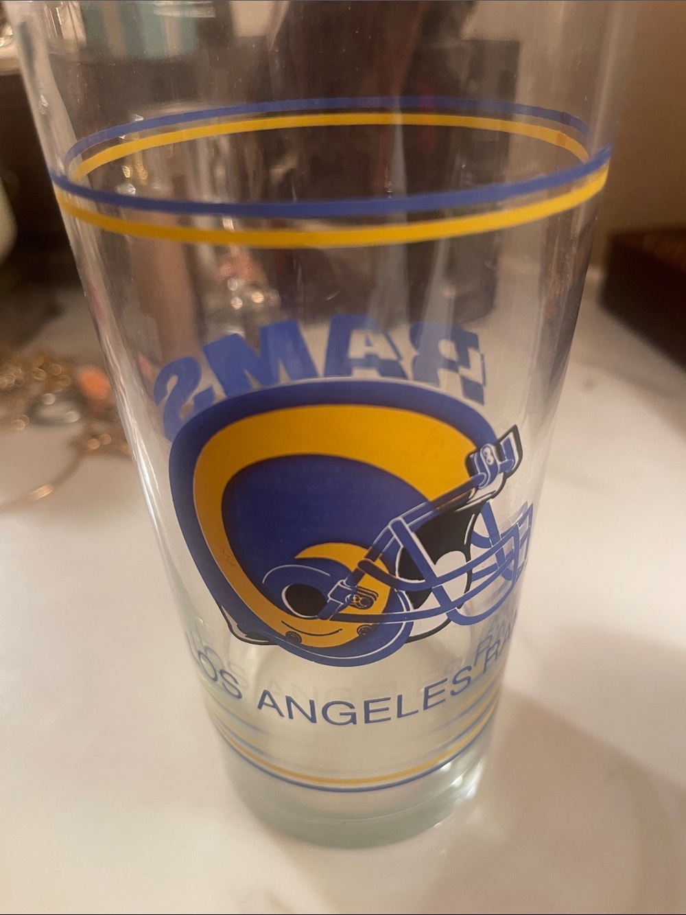 Los Angeles Rams Clear Pint Glass with Blue and Yellow Helmet Design